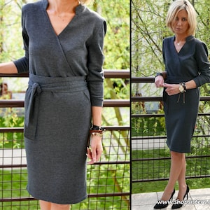 RAIA Elegant cotton dress with belt / midi dress / graphite dress / dress with long sleeves / dress for the evening / autumn dress / summer