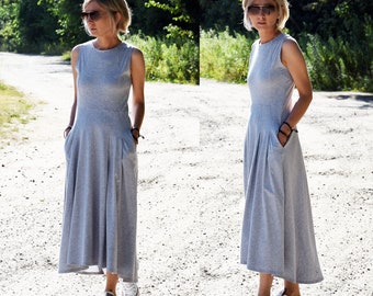 AUDREY - long 100% cotton dress made in Poland / gray dress / handmade dress / with pockets / longer back of the dress