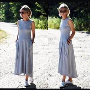 AUDREY - long 100% cotton dress made in Poland / gray dress / handmade dress / with pockets / longer back of the dress