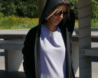 100% Cotton Jersey Knit Hoodie Coat: Loose Fit Open Front Summer Fall Apparel