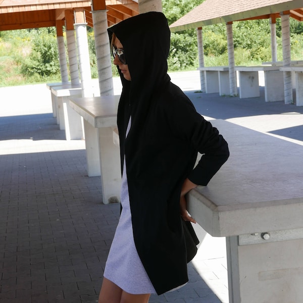 ESLO - black womens hoodie without clasp / cardigan / 100% cotton / hoodie with hood / sweatshirt with pockets / loose cardigan