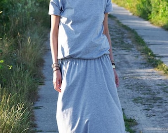 Graues Maxikleid, Kurzarmkleid mit elastischer Taille, bescheidenes Kleid, Sommermode, Boho-inspiriertes Kleid, entspannte Passform