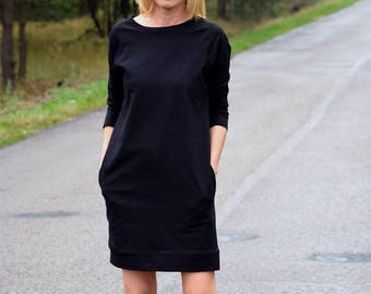 CARRIE - cotton tunic / dress with pockets / vintage clothes / black tunic / black dress / midi dress / mini dress / vintage tunic / simple