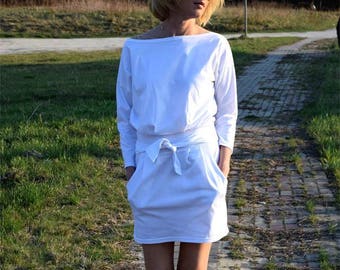 ISABEL - Baumwolle 100% Minikleid mit Gürtel / Kleid mit Bändern / Partykleid / Kleid für die Arbeit / für jeden Anlass / Herbst / Sommer / weiß