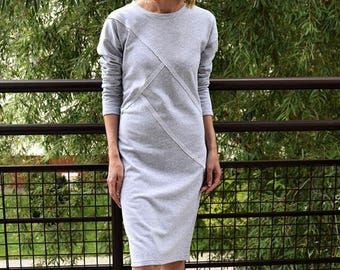 FOG - 100% Baumwollkleid mit Nähten / Midi Kleid / Vintage Kleid / schlichtes Kleid / Unikat Kleid / graues Kleid / Kleider mit Ärmeln