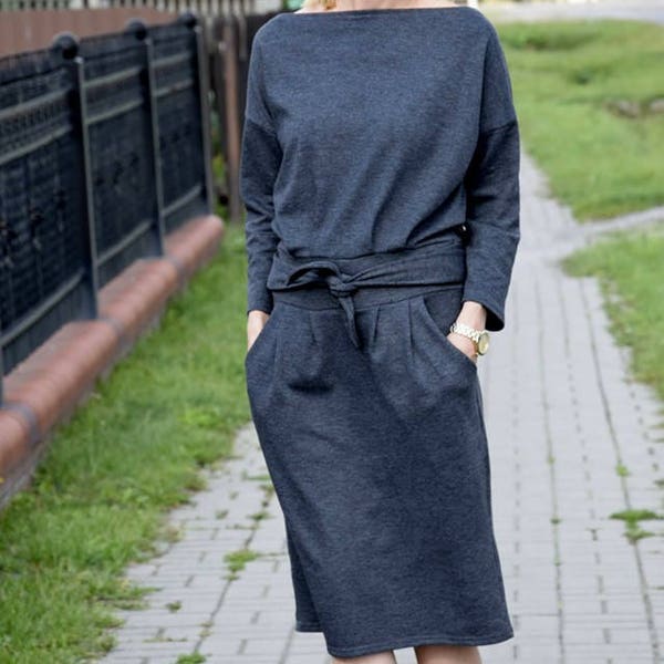 KIKA - Robe midi 100 % coton / robe d'automne / graphite / noir / rouge / gris / robe longueur genou / robe pour femme / robe simple / poches