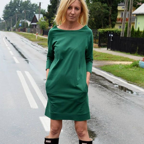 CARRIE - 100% cotton tunic / dress with pockets / Long Sleeve Tunic / Women's Tunics / green dress / black dress / autumn dress / vintage