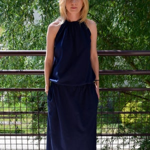 AMIRA - Maxi / long 100% cotton dress / tied at the back / gauzy dress / navy blue long dress / sleeveless dress / blue unique dress