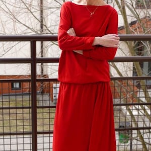 Cotton Maxi Dress with Pockets, Long Sleevless Casual Red Dress, MAXIMA