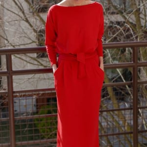Baumwoll Midi Kleid mit Gürtel: Lange Ärmel Taschen, Oeko-Tex Zertifiziert