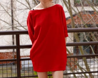 MOON - cotton mini dress tunic / graphite tunic / red tunic / red mini dress / vintage dress / mini / with pockets / made in Poland