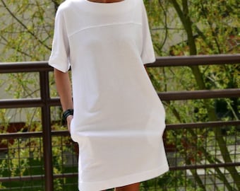 JACKIE - casual 100% katoenen jurk tuniek / midi jurk / witte jurk / herfst jurk , tuniek / herfst tuniek / zakken / metalen rits
