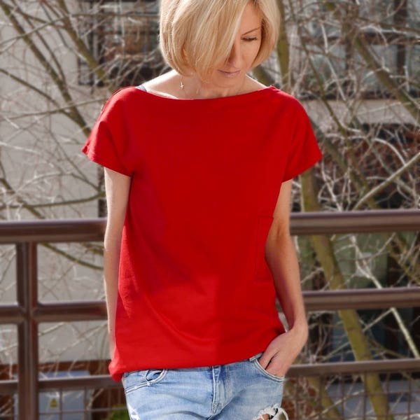 FOCUS - cotton women's t-shirt with pocket / 100% cotton / red t-shirt / red top