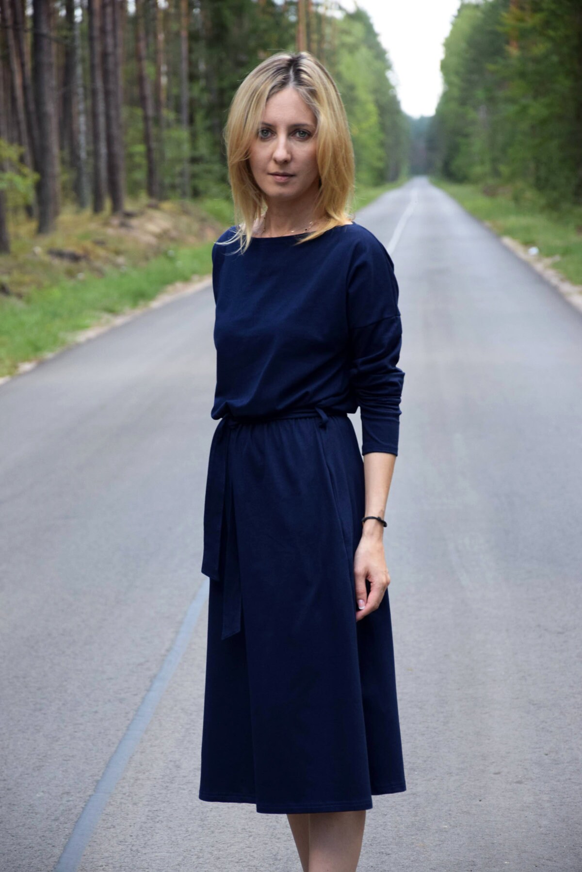 SistersBrand Rose Cotton Dress with Belt Navy Blue Long Sleeve and Pockets Midi Dress Casual Dress Vintage Dress Handmade Dress
