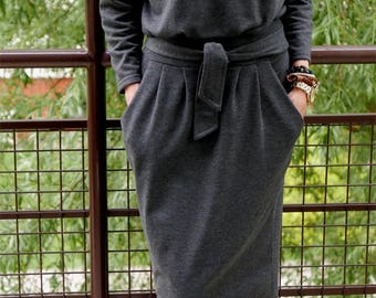 NINA - 100% Baumwolle Maxikleid mit Gürtel / handgefertigt / Lange Ärmel / mit Taschen / Rundhalsausschnitt / langes Kleid / elegantes Kleid / Graphit