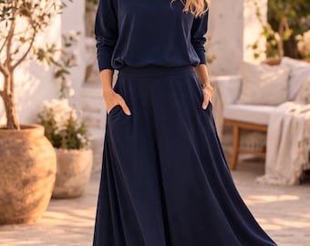 Vestido largo de algodón con bolsillos, vestido largo acampanado azul marino, KORNELIA