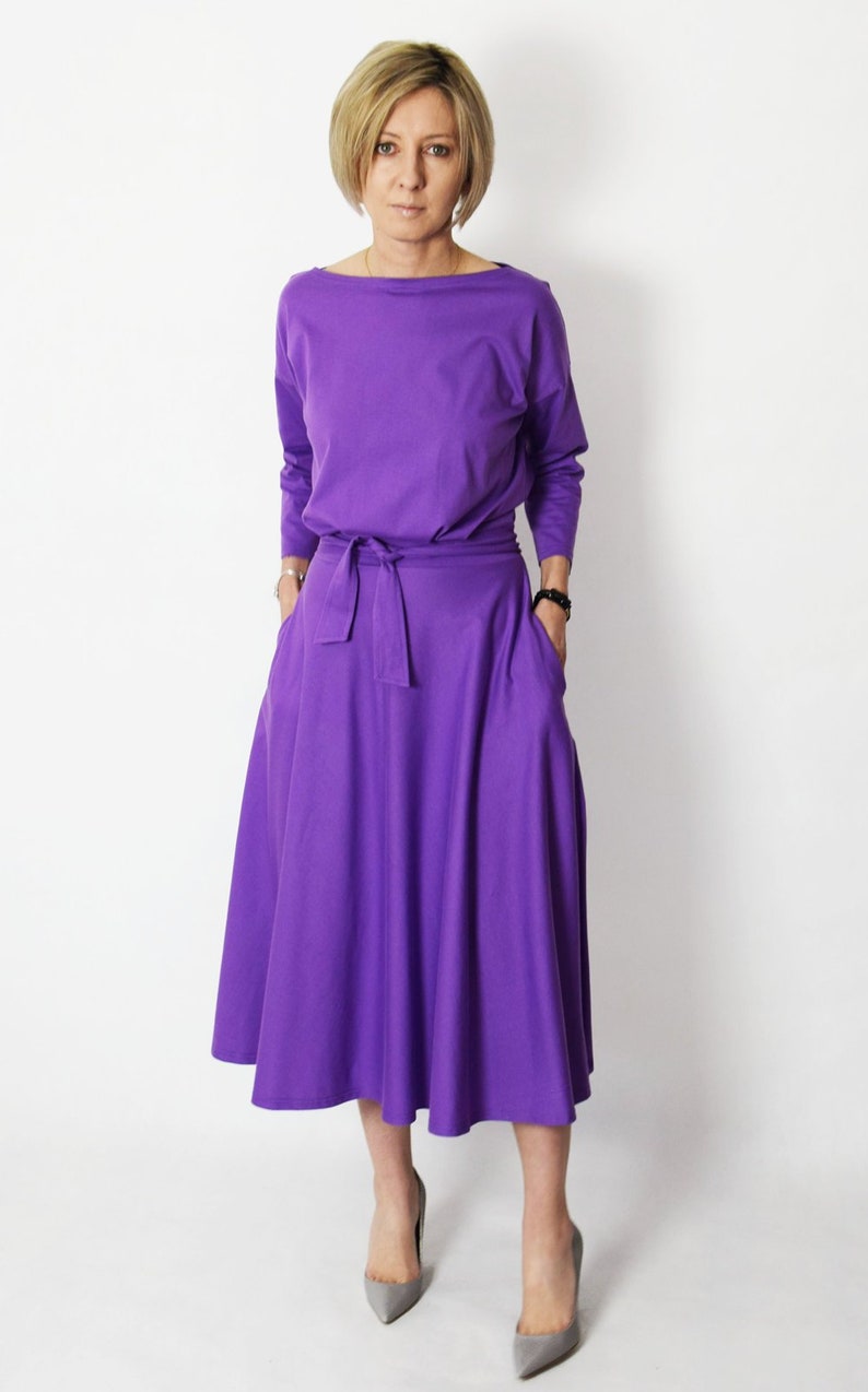 ADELA Midi Robe coton dété évasée / 100% coton / Robe avec poches / robe femme / robe midi / robe pour le travail / Robe violette image 9