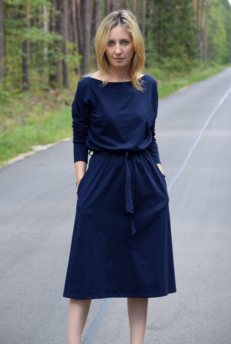 ROSE Baumwollkleid mit Gürtel Graphit / Langarm und Taschen / Midikleid / made in Poland / Vintage Kleid / handgemachtes Kleid / Midi Bild 8