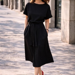 Vestido de algodón con cinturón y bolsillos, vestido midi de manga corta, MANILA