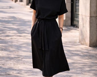 Cotton Dress with Belt and Pockets, Midi Short Sleeve Dress, MANILA