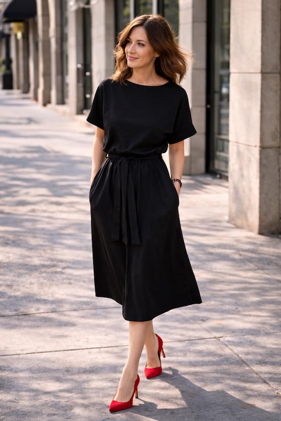 black midi dress boat neck Black Linen Midi Dress JACKIE: 60s Sleeveless Boat Neck Summer Clothing
