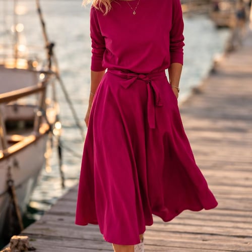 Organic Cotton Midi Dress, Long Sleeve, Belted, Pockets, Casual Women Clothing Organic Cotton Midi Dress, Long Sleeve, Belted, Pockets, Casual Women Clothing