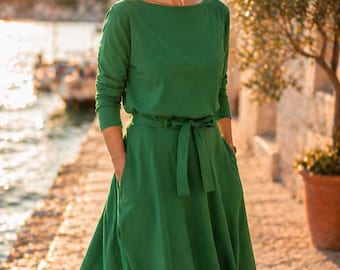 Green Dress Women Long Sleeve Midi Dress with Waist Tie and Belt Handmade Cotton Dress with Pockets Summer Fall Dress Custom Dress