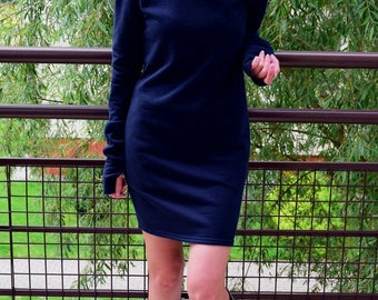 Kleid EASY - mini 100% Baumwollkleid mit langen Ärmeln / lange Ärmel (a'la Handschuhe) / Fingerlose Handschuhe / marineblaues Minikleid / kurzes Kleid