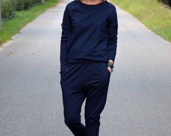 Navy Blue Cotton Jumpsuit, Long Sleeve Coverall with Pockets