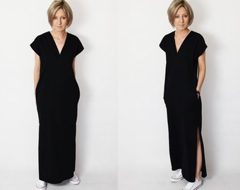 NIKI - Baumwoll Maxikleid / lange Kleider / Vintage Kleid / handgefertigt aus Polen / Kleid mit kurzen Ärmeln / Ausschnitt V / schlichtes Kleid