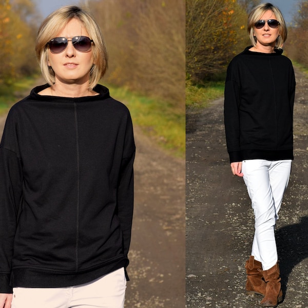 NASSA - Bluse - Sweatshirt mit Stehkragen / 100% weiche und dickere Baumwolle / made in Poland / Handamde und Vintage / Familienunternehmen