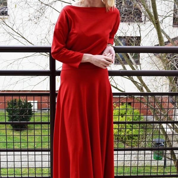 Red Cotton Flared Maxi Dress, Elegant Long Dress