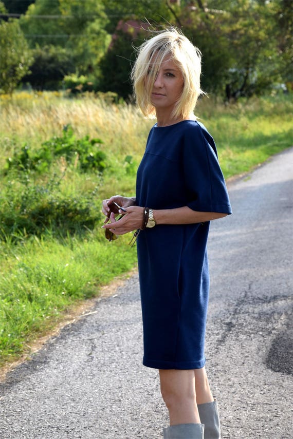 JACKIE Casual Cotton Tunic Midi Dress Navy Blue Dress Mini Dress Summer Dress Summer Tunic Autumn Tunic Blue Dress Pockets Etsy UK