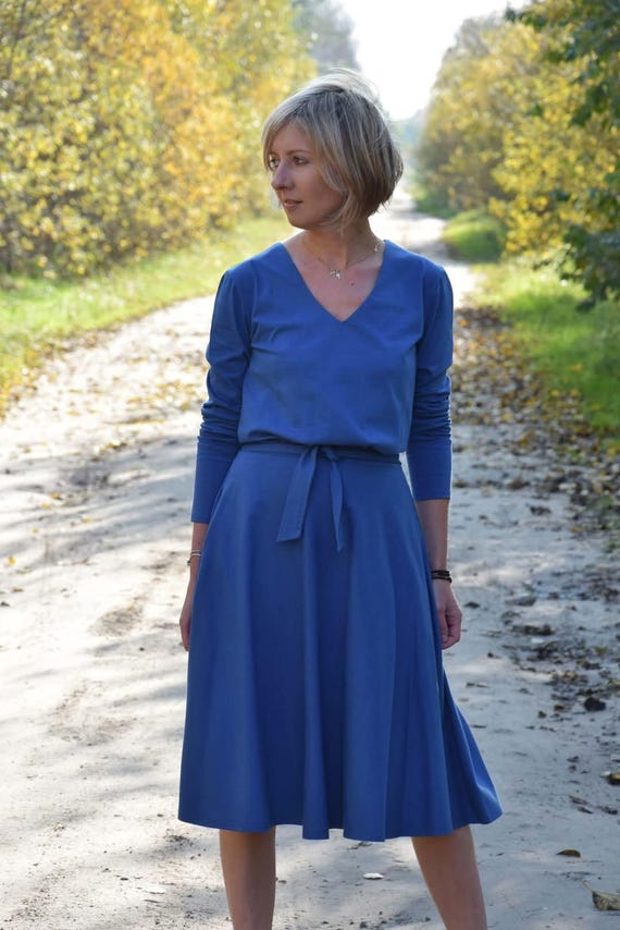 Vネック ロングスリーブ ミディドレス ベルトとポケット付き、XS-XXL