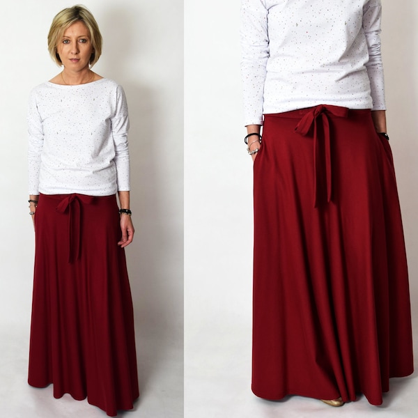 DRESCODE - jupe longue, 100% coton avec nœud / jupe max / jupe longue / été - jupe printemps / jupe rouge foncé / vintage / jupe complète
