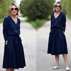 JENNIFER - Robe midi en coton col V / Robe évasée en coton / Robe de soirée / 100% coton / robe vintage / robe pour le travail / robe ample