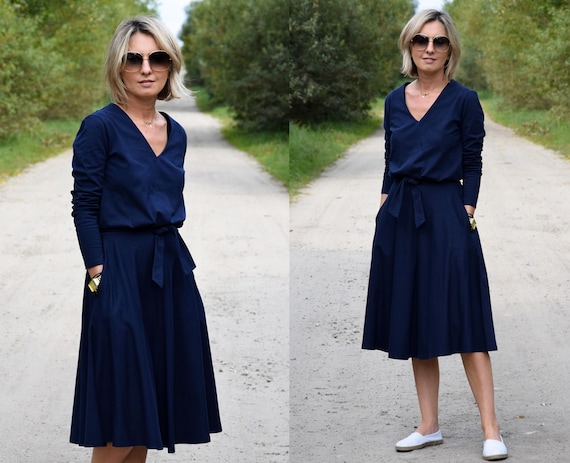 JENNIFER V hals katoenen midi jurk uitlopende katoenen jurk feestjurk 100 katoen vintage jurk jurk voor werk losse jurk Etsy Nederland