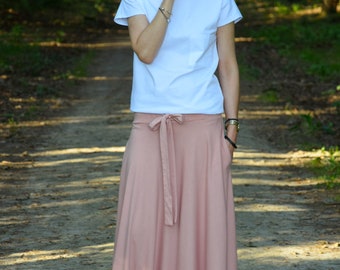 SISTERS jupe longue coton DRESCODE rose sale / pour toutes les occasions, longueur maxi / reliure en nœud / produit 100% polonais