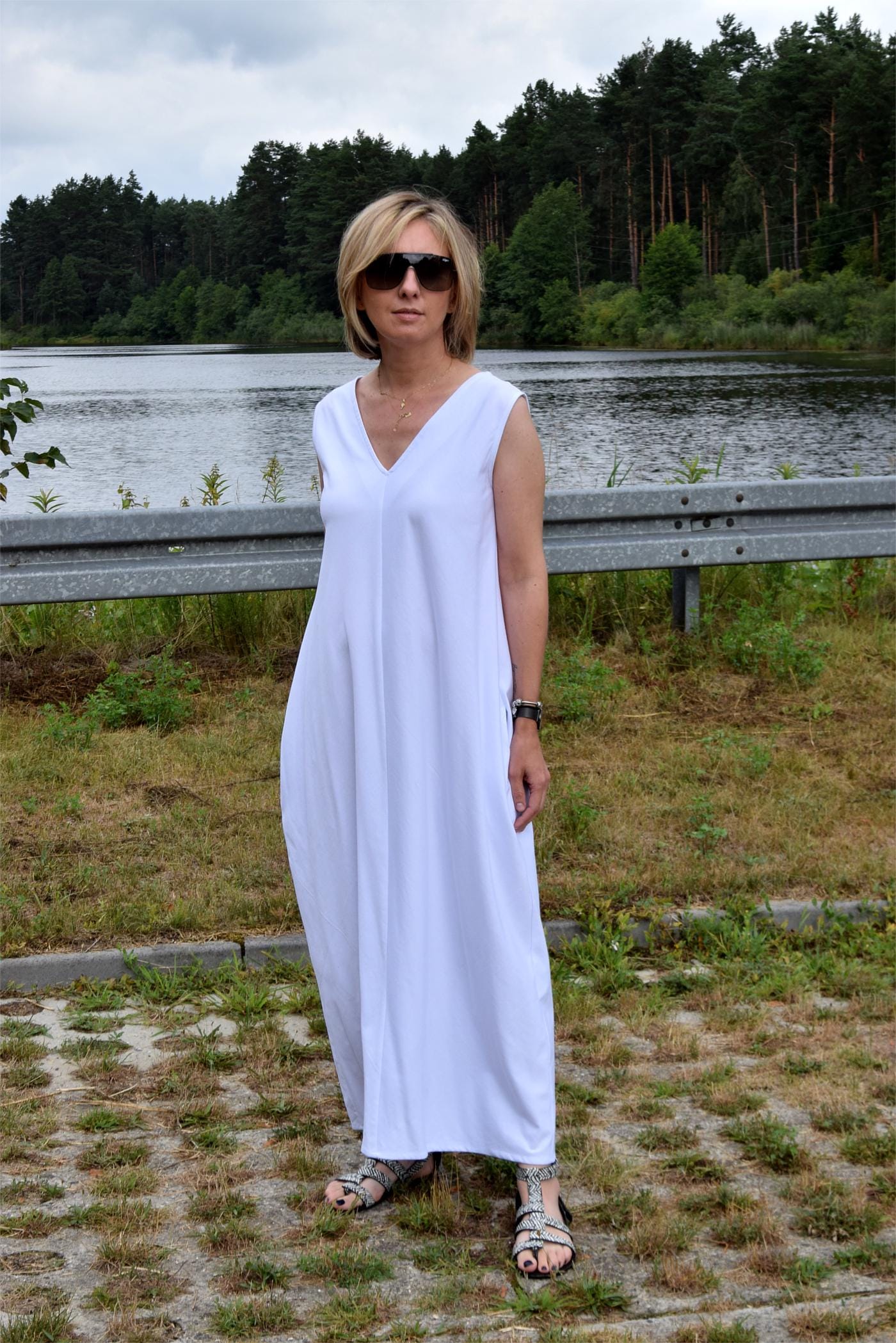 White Cotton Maxi Dress: Sleeveless Summer Dress with Pockets