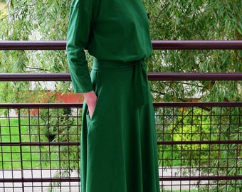 ADELA Midi green Flared cotton dress / Party Dress / 100% cotton / Dress with Pockets / women's dress / midi dress / dress with sleeves