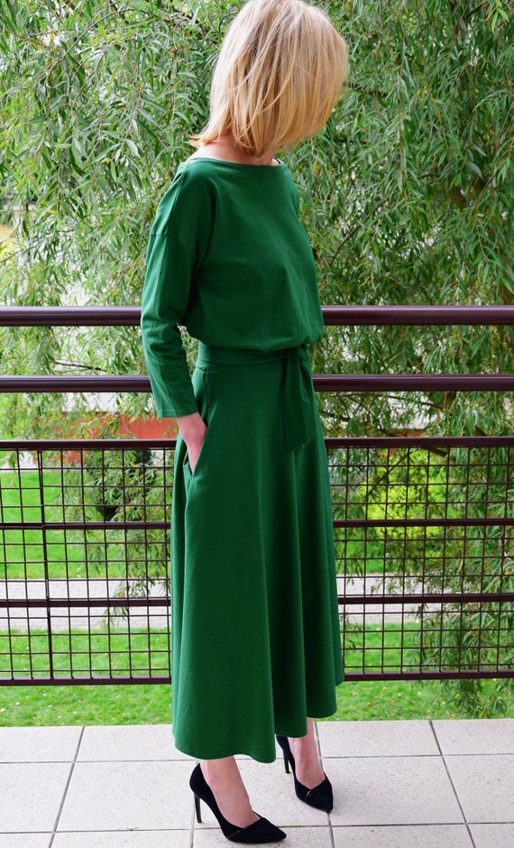 ADELA Midi Green Flared Cotton Dress / Party Dress / 100% - Etsy Singapore