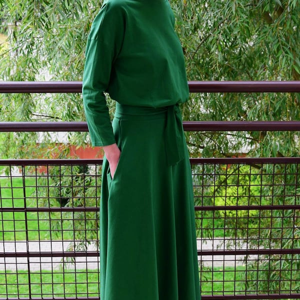 ADELA Midi vert Robe en coton évasé / Robe de fête / 100% coton / Robe avec poches / robe femme / robe midi / robe à manches
