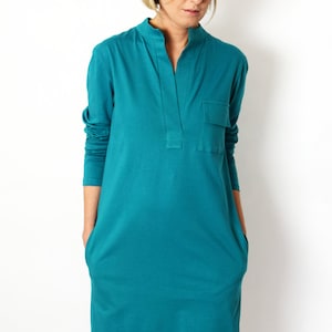 SAHARA 100% Baumwollkleid mit Stehkragen aus Polen / mit Taschen / handgemachtes Kleid / schlichtes Kleid / lockeres Kleid Turquoise