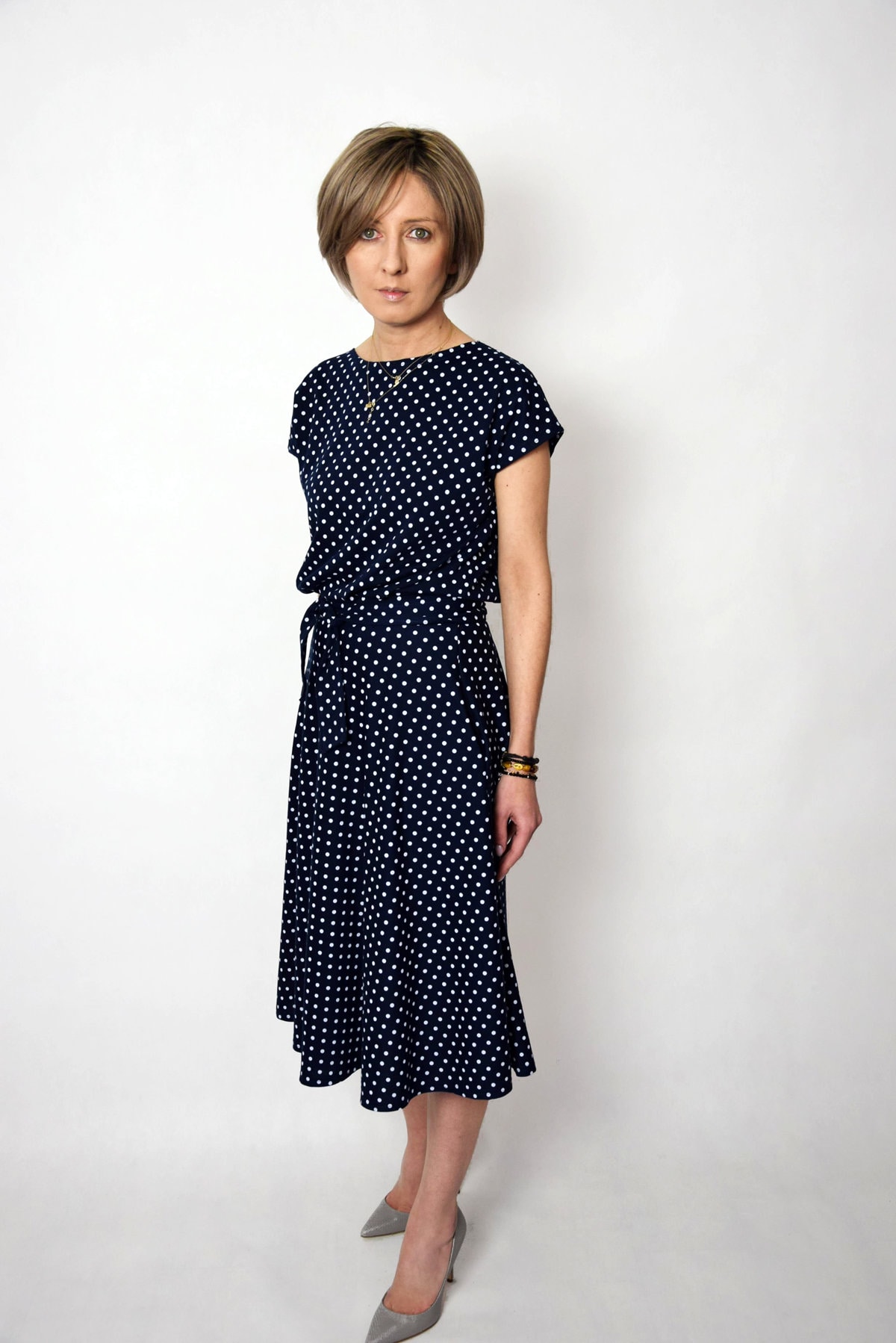 Vestido midi de algodón, vestido de lunares de manga corta, talla S-XXL, LUCY
