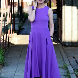 AUDREY long 100% cotton dress made in Poland / gray dress / handmade dress / with pockets / longer back of the dress Purple