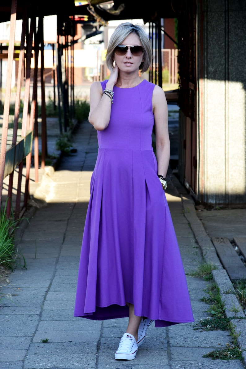 AUDREY long 100% cotton dress made in Poland / gray dress / handmade dress / with pockets / longer back of the dress Purple