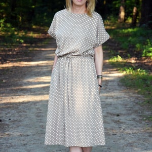 Cotton Midi Dress with Belt and Pockets, Polka Dot Short Sleeve Dress, MANILA