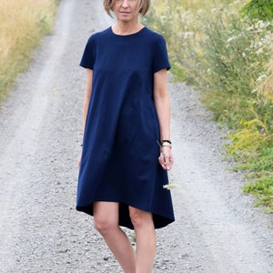 TESSA Aförmiges Kleid mit kurzen Ärmeln / Kleid aus 100% Baumwolle / handgemacht / lockeres Kleid / Taschen / lockere Größe Blau