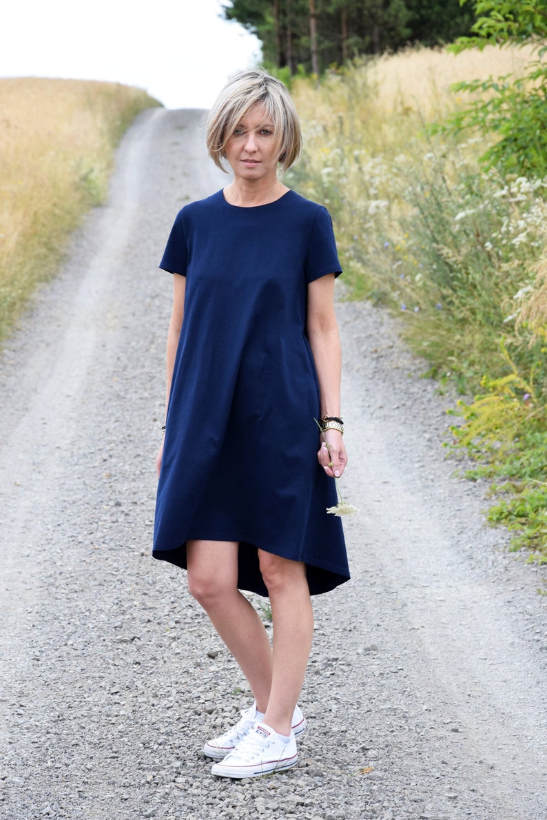 TESSA Aförmiges Kleid mit kurzen Ärmeln / Kleid aus 100% Baumwolle / handgemacht / lockeres Kleid / Taschen / lockere Größe Blau