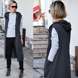 DEEP - 100% cotton sleeveless long cardigan / Women cotton Vest / Graphite Sleeveless Coat / Extravagant Vest / simple coat